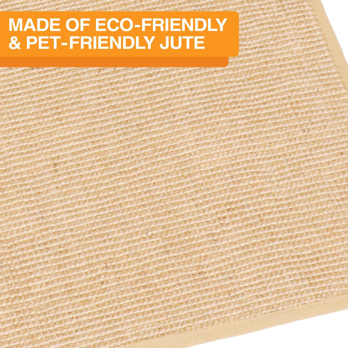 A close up of the Jute mat with the text: Made of eco-friendly & pet-friendly jute.