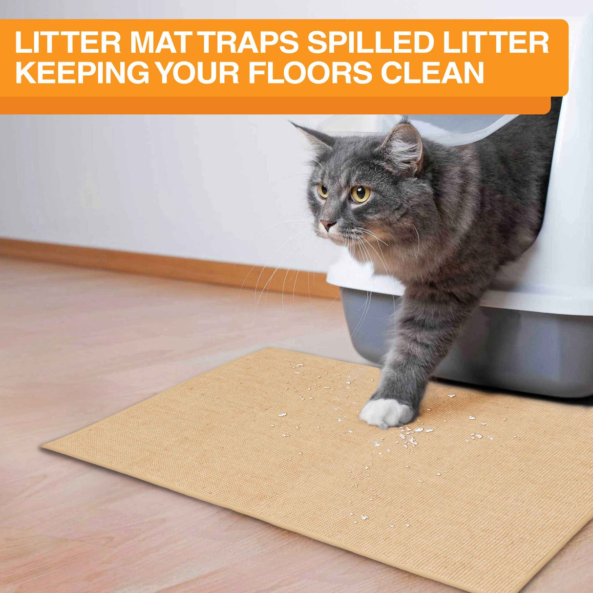 A cat coming out of a litter box stepping on the Jute mat. Text on screen reads: Litter mat traps spilled litter keeping your floors clean.