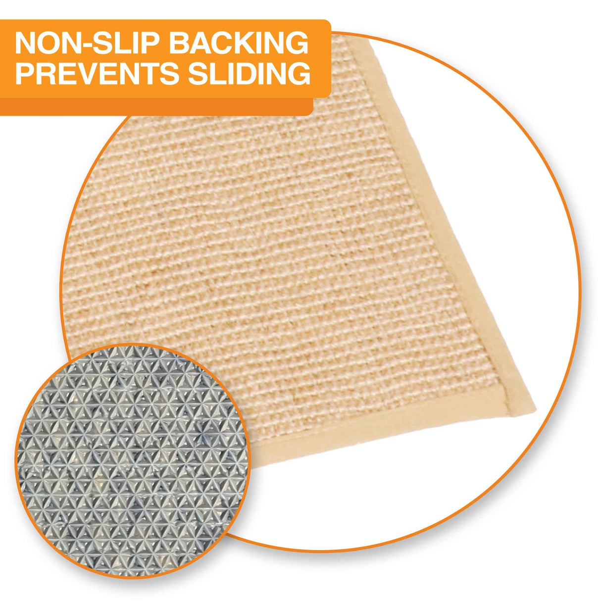 Close-up of the Jute mat with the text: Non-slip backing prevents sliding.