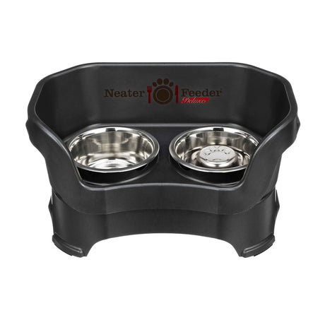 Midnight Black medium DELUXE Neater Feeder with Stainless Steel Slow Feed Bowl and stainless steel water bowl against a white background.