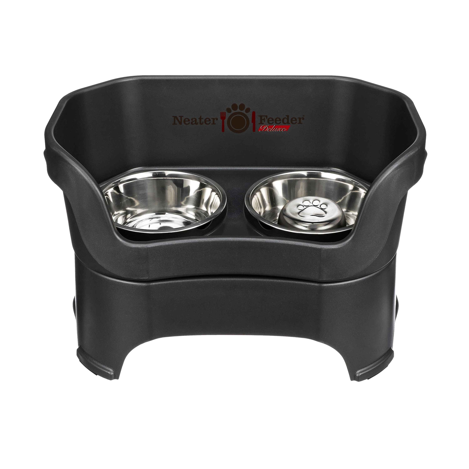 Midnight Black large DELUXE Neater Feeder with Stainless Steel Slow Feed Bowl and stainless steel water bowl against a white background.