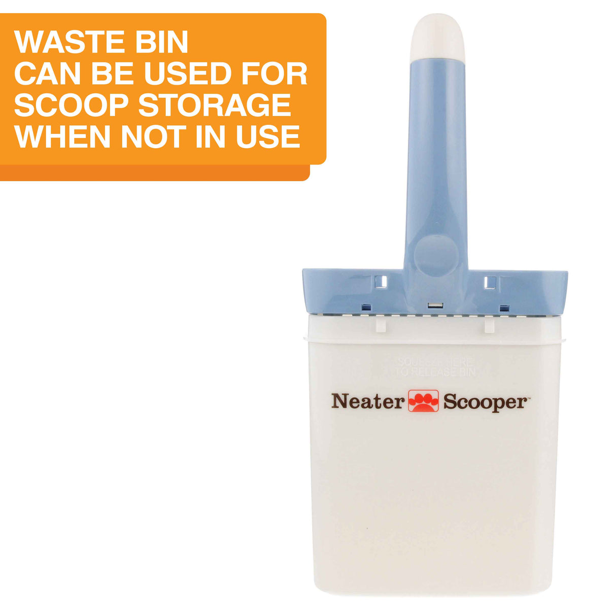Image of the Neater Scooper top inside the bin with the text: Waste bin can be used for scoop storage when not in use.