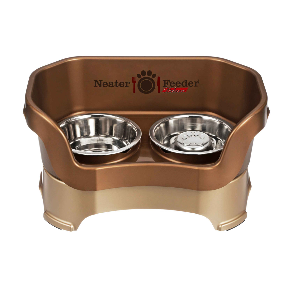 Bronze medium DELUXE Neater Feeder with Stainless Steel Slow Feed Bowl and stainless steel water bowl against a white background.