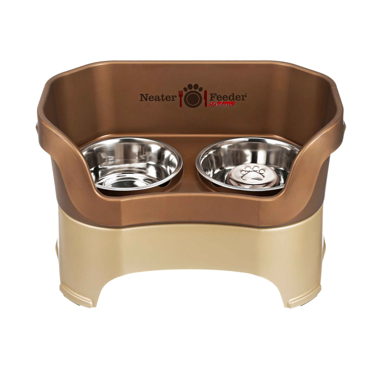 Bronze large DELUXE Neater Feeder with Stainless Steel Slow Feed Bowl and stainless steel water bowl against a white background.