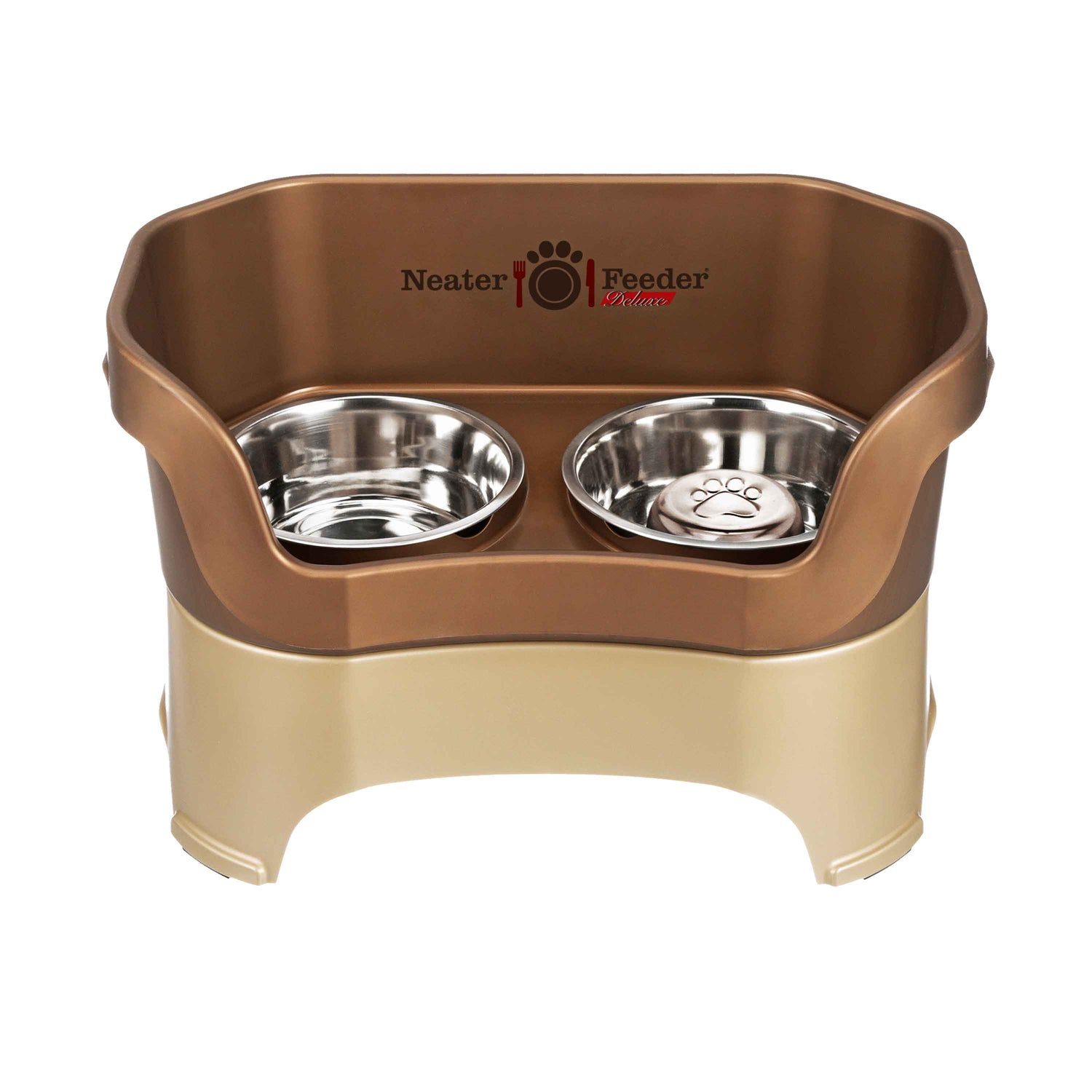 Bronze large DELUXE Neater Feeder with Stainless Steel Slow Feed Bowl and stainless steel water bowl against a white background.