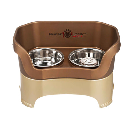 Bronze large DELUXE Neater Feeder with Stainless Steel Slow Feed Bowl and stainless steel water bowl against a white background.