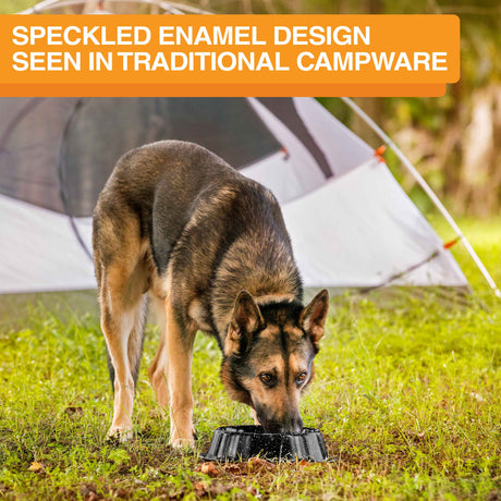 Image of a large dog eating from a camping bowl in the grass. The text on the screen reads: Speckled enamel design, seen in traditional campware.