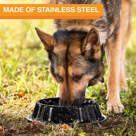 Image of a dog eating from the camping bowl outside in the grass. Text on screen reads: Made of stainless steel.