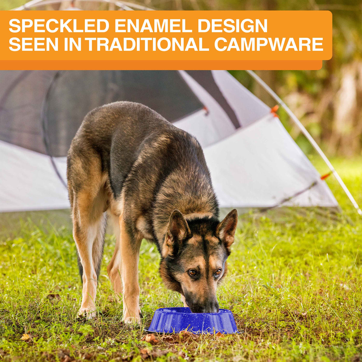 Image of a large dog eating from a camping bowl in the grass. The text on the screen reads: Speckled enamel design, seen in traditional campware.