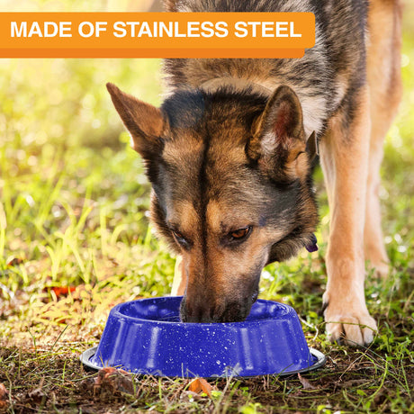 Image of a dog eating from the camping bowl outside in the grass. Text on screen reads: Made of stainless steel.