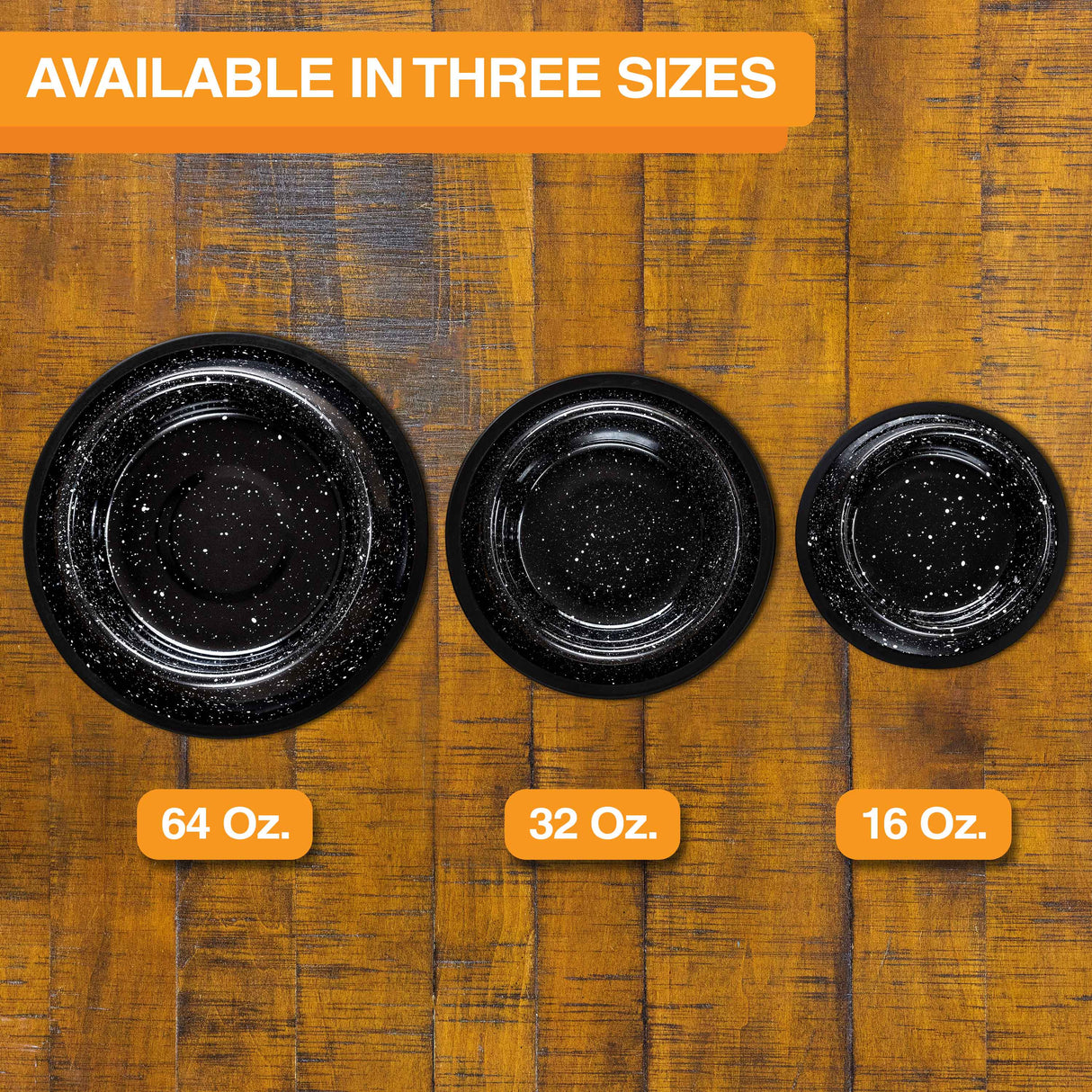 Image of the three camping bowl sizes: 64 oz., 32 oz., and 16 oz. lined up on a wooden floor. Text on screen reads: Available in three sizes.