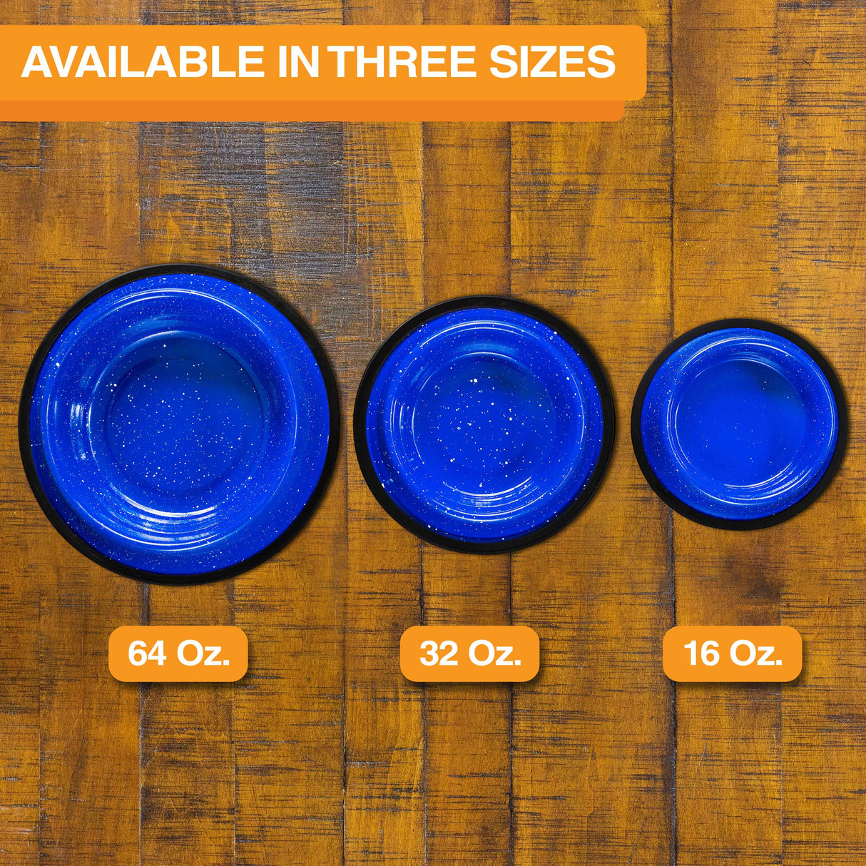 Image of the three camping bowl sizes: 64 oz., 32 oz., and 16 oz. lined up on a wooden floor. Text on screen reads: Available in three sizes.