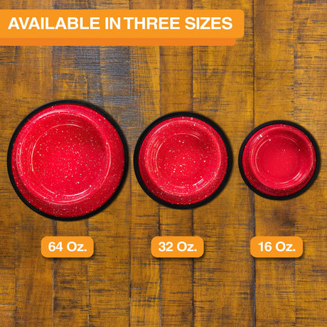 Image of the three camping bowl sizes: 64 oz., 32 oz., and 16 oz. lined up on a wooden floor. Text on screen reads: Available in three sizes.