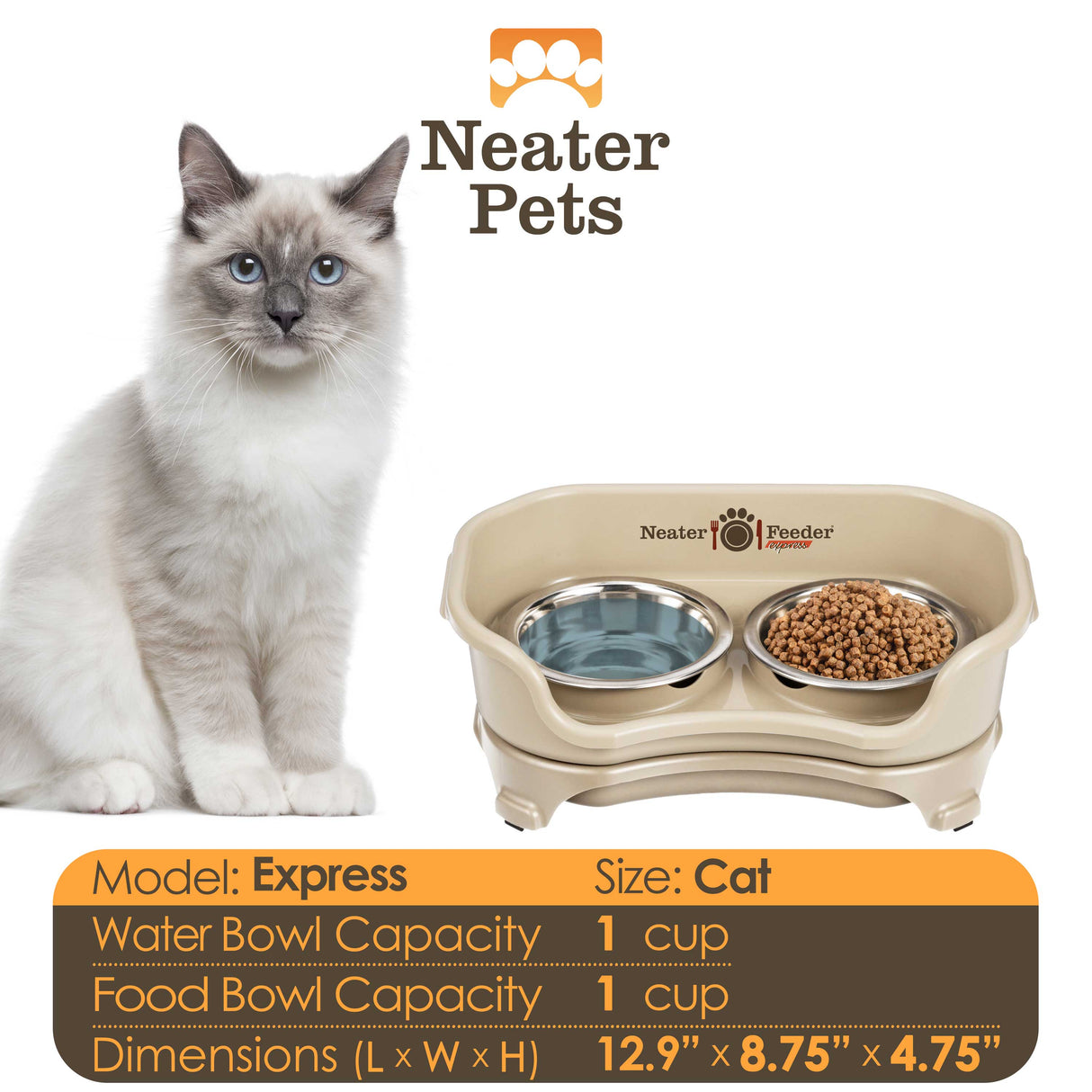 A chart displaying the Express cat bowl capacity and dimensions, with a cat next to the chart.