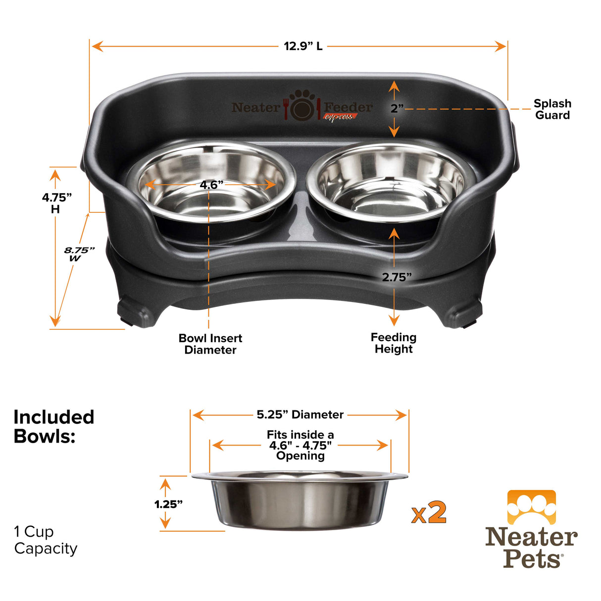 Dimensions of the Midnight Black Express Cat Neater Feeder and the stainless steel bowls.
