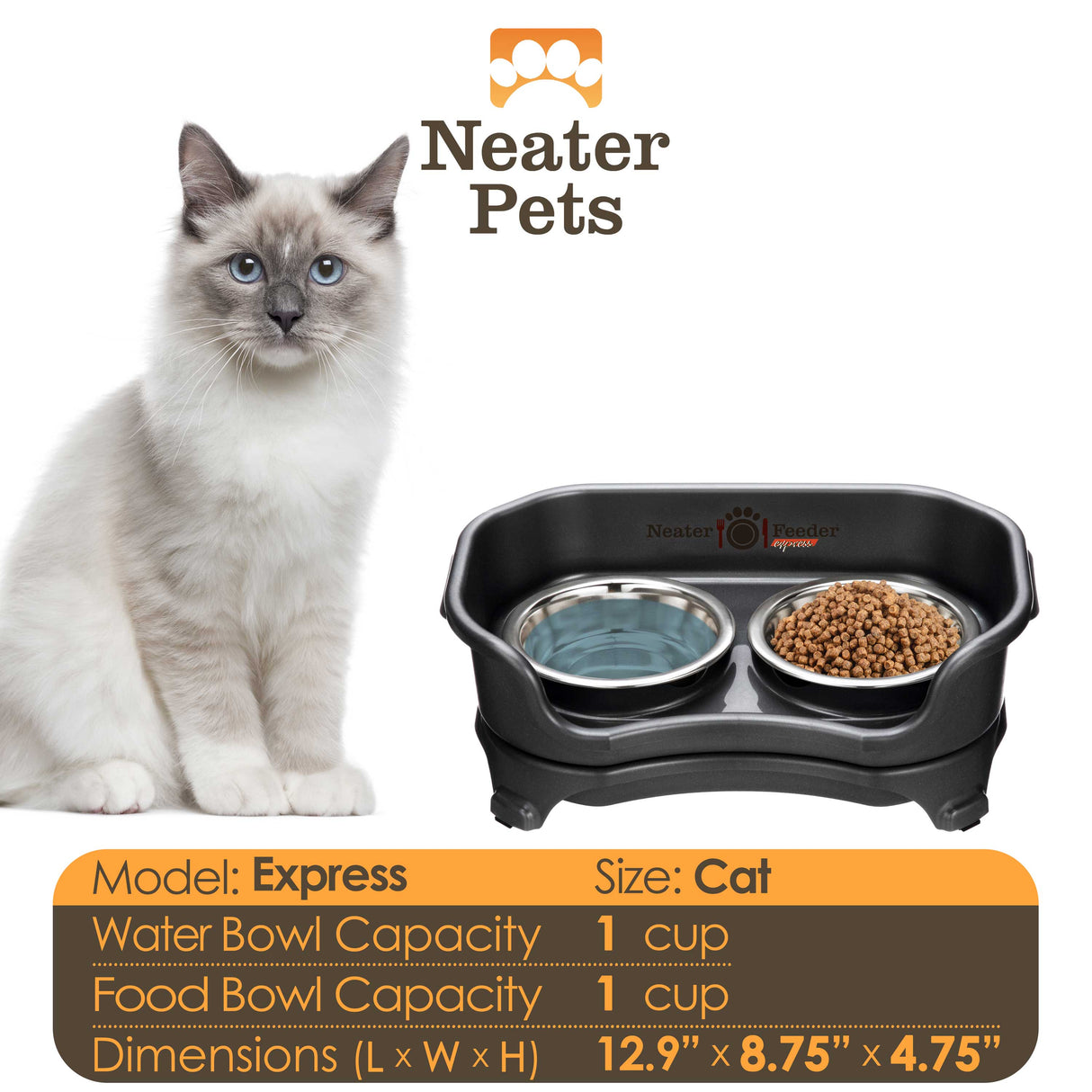 A chart displaying the Express cat bowl capacity and dimensions, with a cat next to the chart.