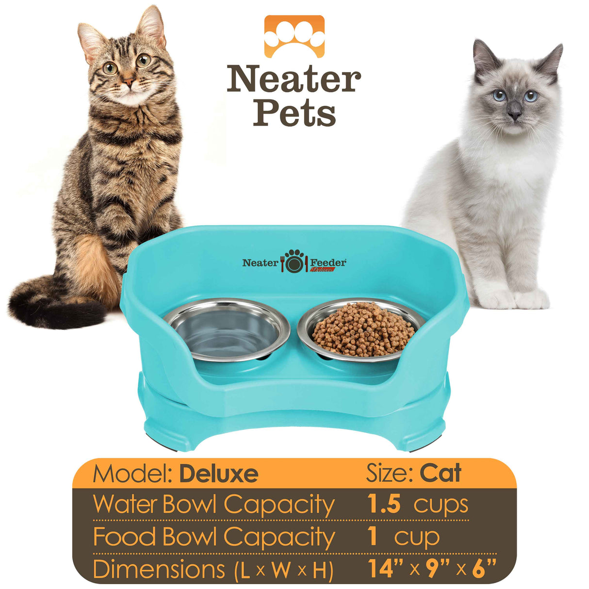 A chart displaying the Deluxe cat bowl capacity and dimensions, with two cats on either side of the chart.