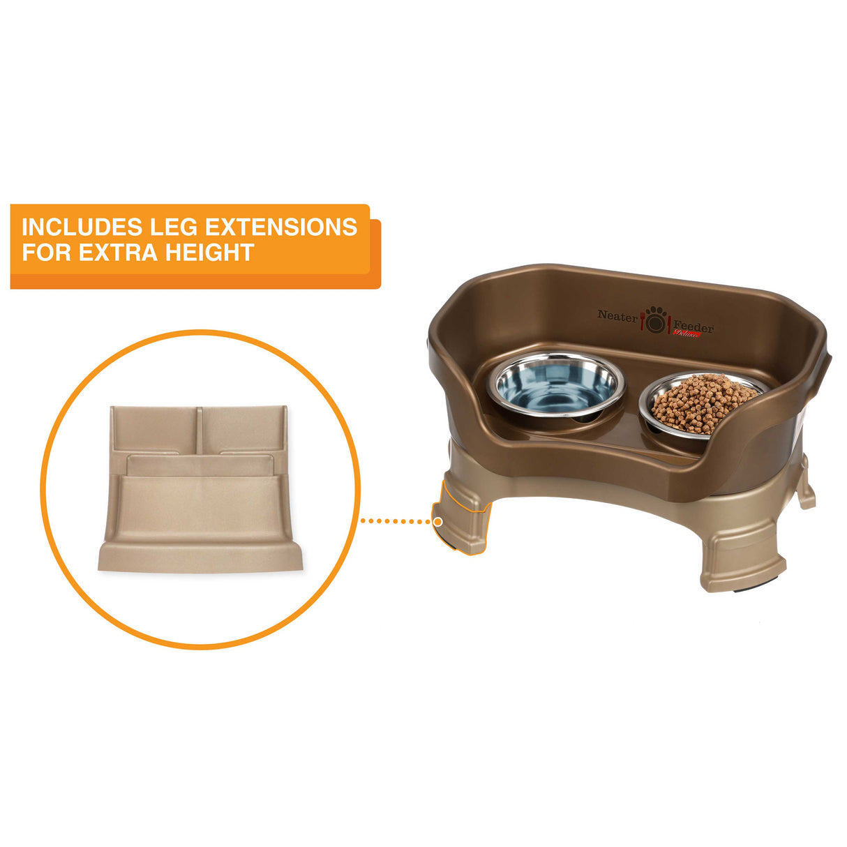 The Neater Feeder Deluxe cat with a close-up of the leg extensions that are included.