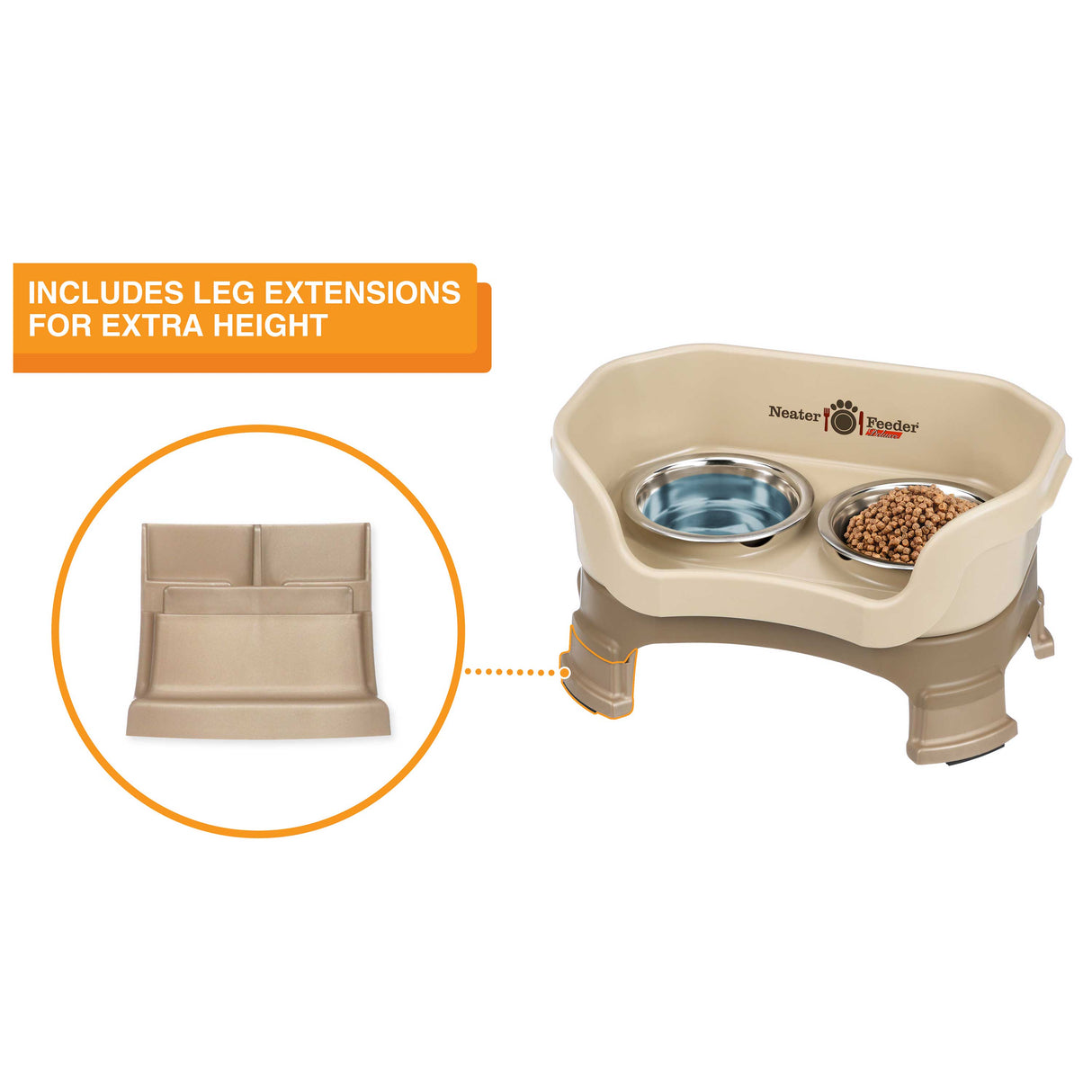 The Neater Feeder Deluxe cat with a close-up of the leg extensions that are included.