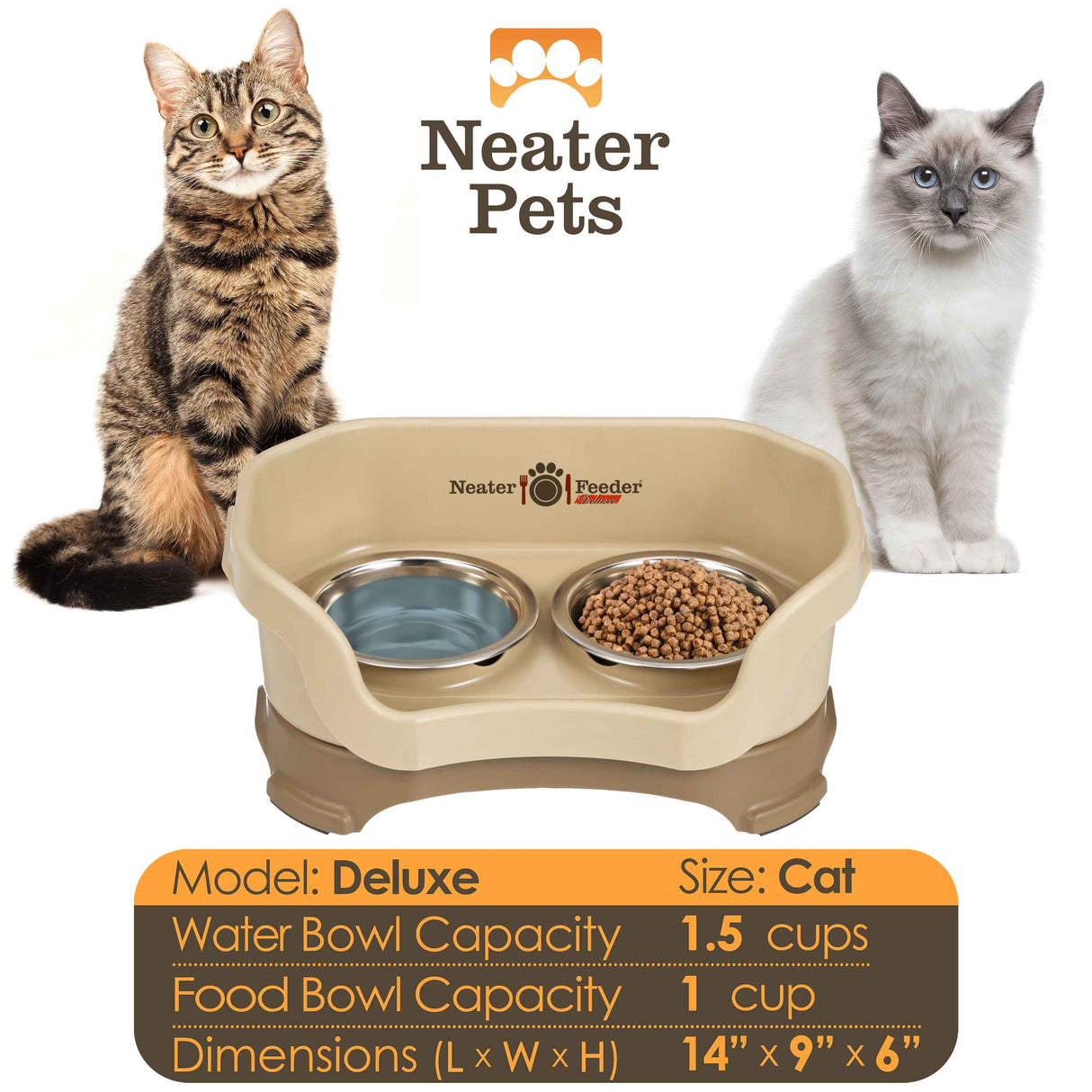 A chart displaying the Deluxe cat bowl capacity and dimensions, with two cats on either side of the chart.