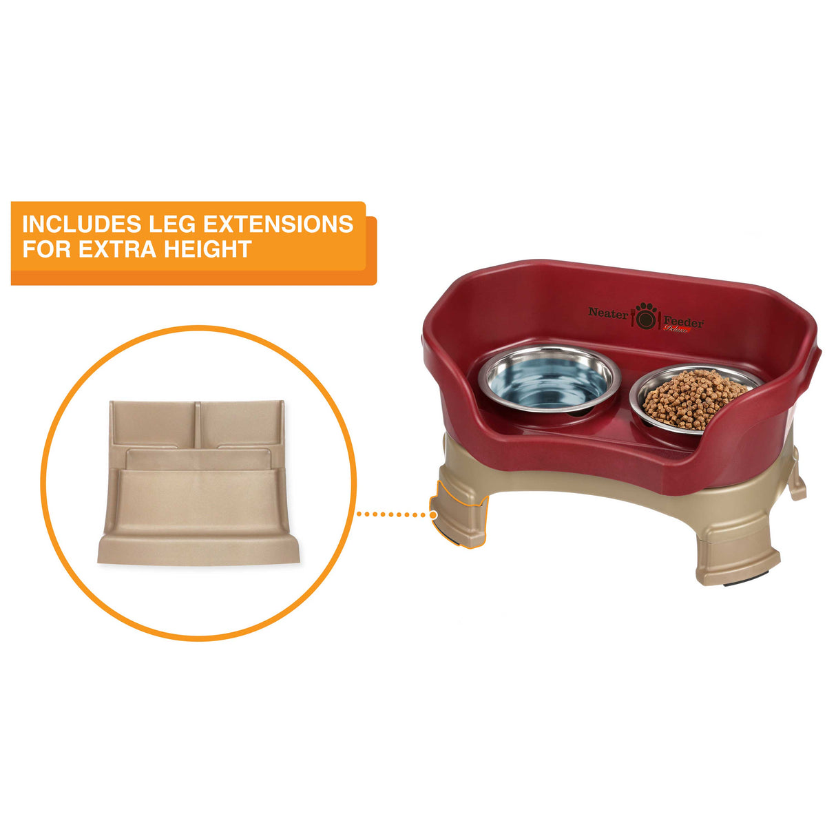 The Neater Feeder Deluxe cat with a close-up of the leg extensions that are included.