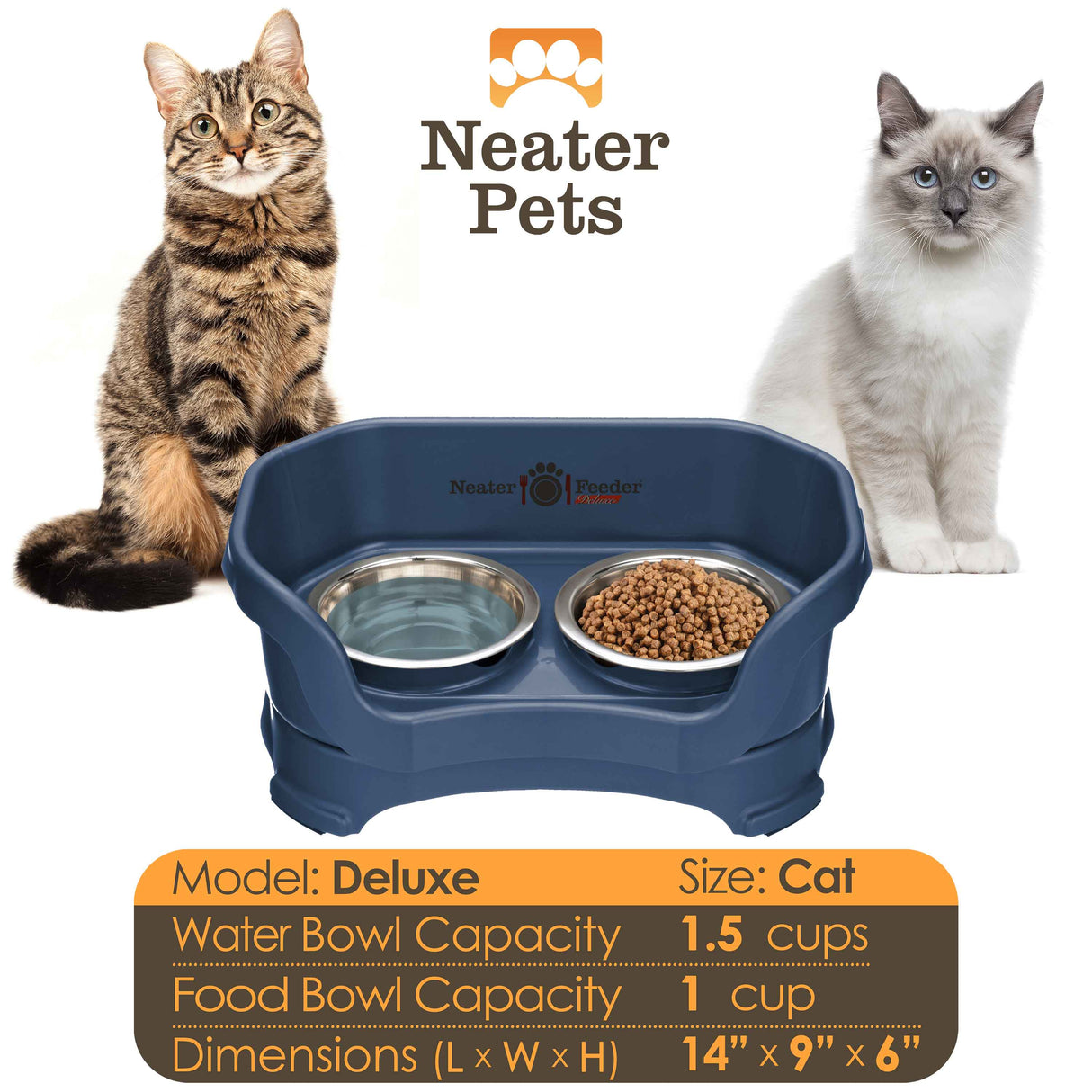 A chart displaying the Deluxe cat bowl capacity and dimensions, with two cats on either side of the chart.