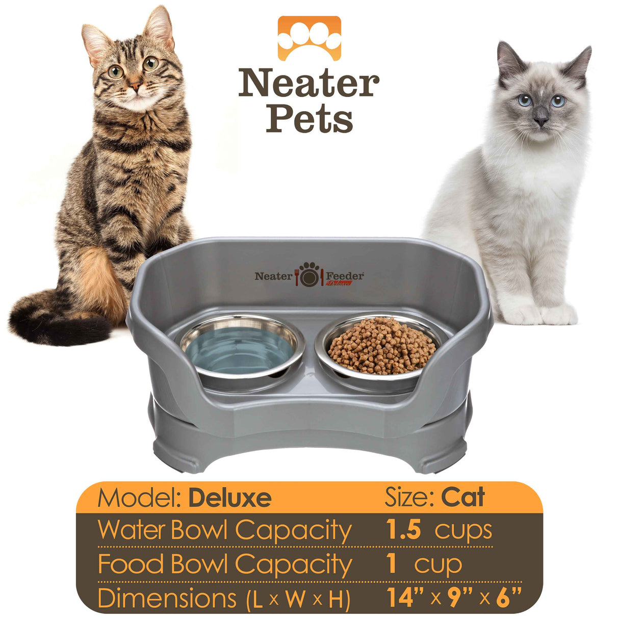 A chart displaying the Deluxe cat bowl capacity and dimensions, with two cats on either side of the chart.