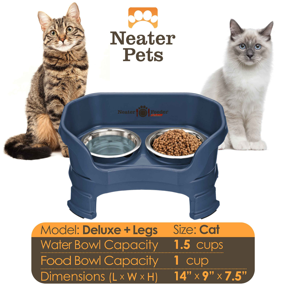 A chart displaying the Deluxe cat with leg extension bowl capacity and dimensions, with two cats on either side of the chart.