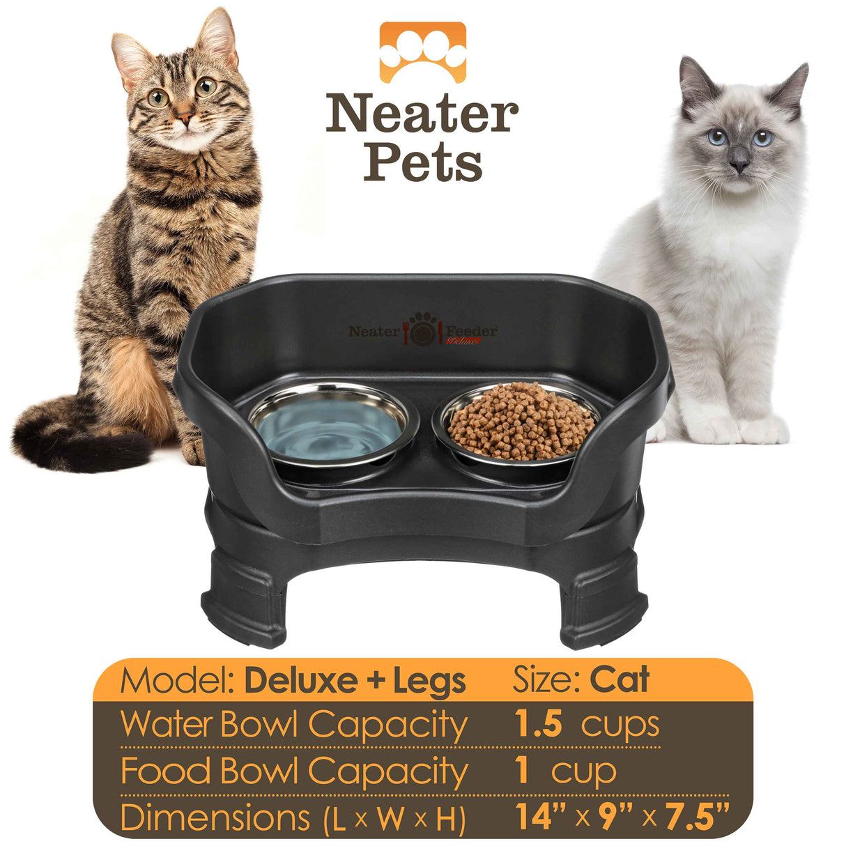 A chart displaying the Deluxe cat with leg extension bowl capacity and dimensions, with two cats on either side of the chart.