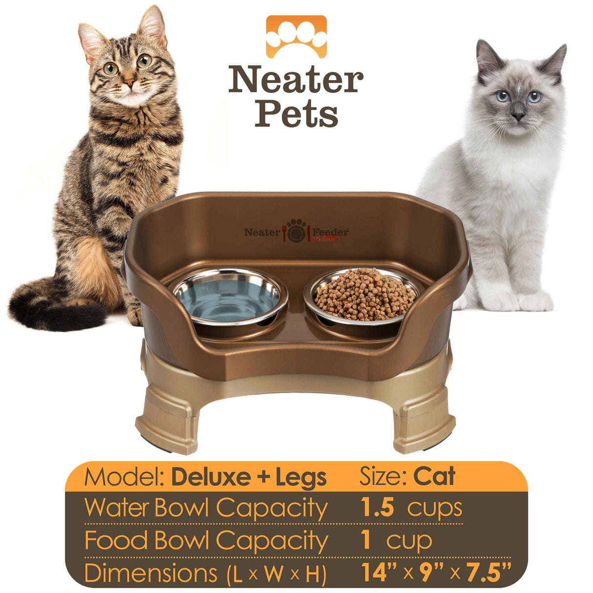 A chart displaying the Deluxe cat with leg extension bowl capacity and dimensions, with two cats on either side of the chart.