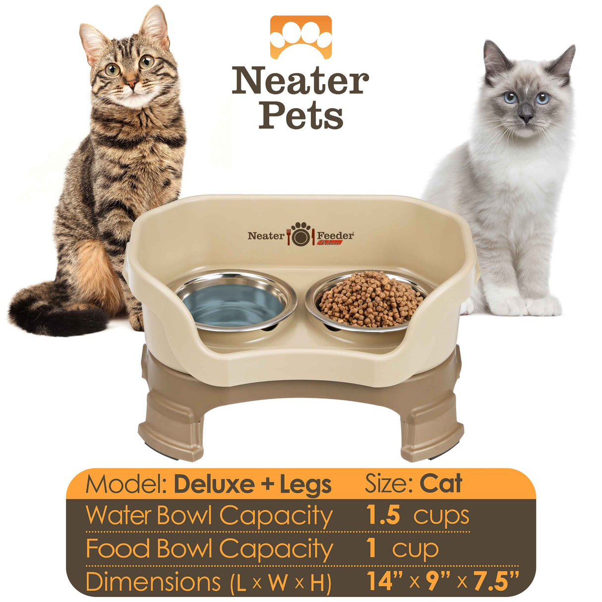 A chart displaying the Deluxe cat with leg extension bowl capacity and dimensions, with two cats on either side of the chart.