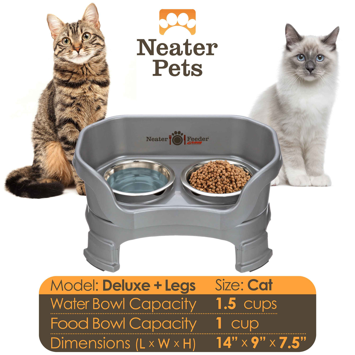 A chart displaying the Deluxe cat with leg extension bowl capacity and dimensions, with two cats on either side of the chart.