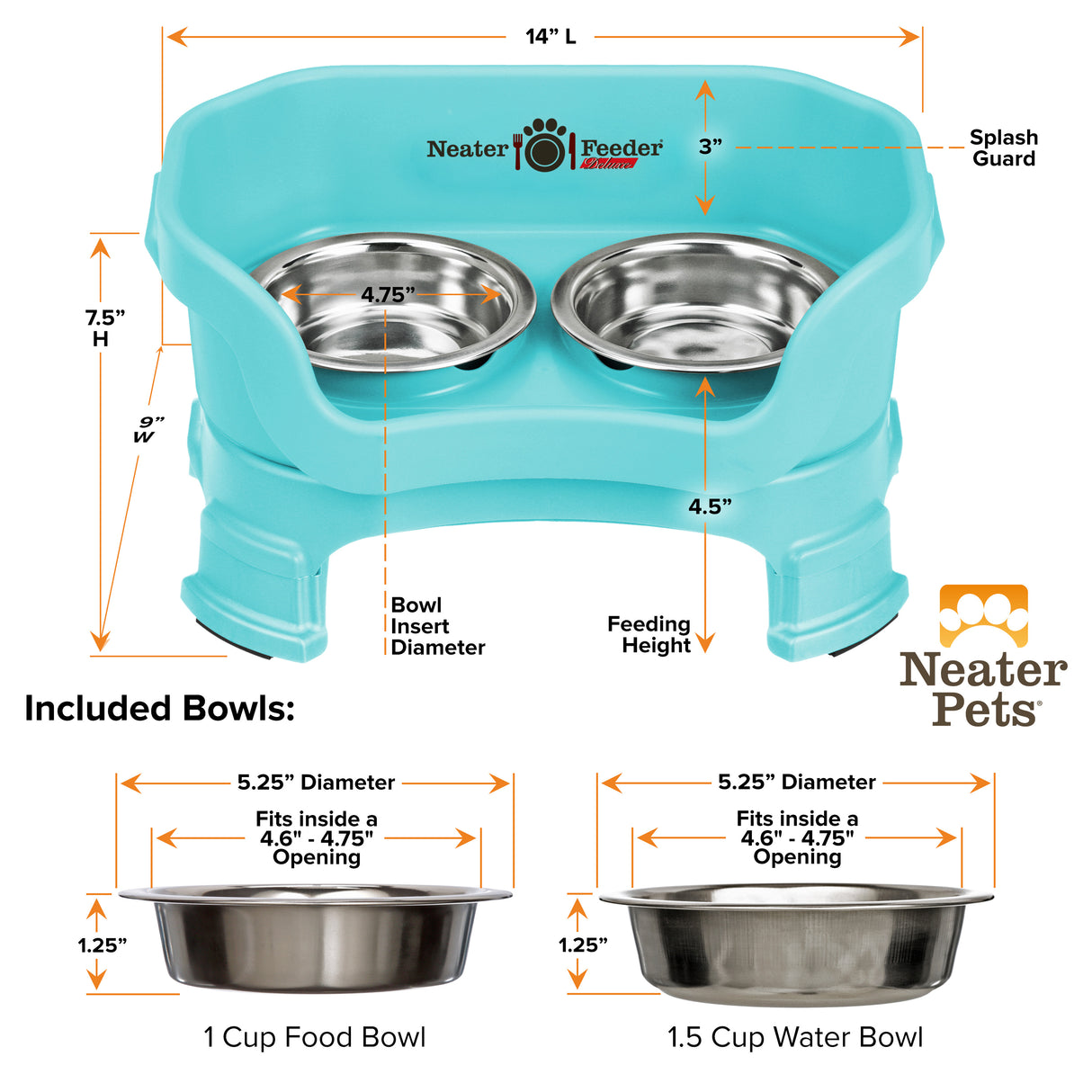 A chart showing the dimensions of the Neater Feeder Deluxe cat with leg extensions as well as the stainless steel bowls against a white background.