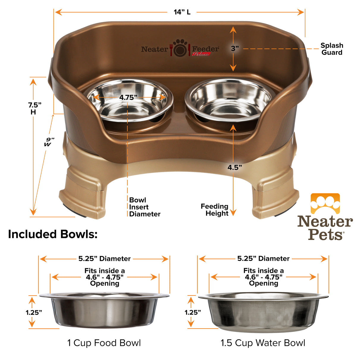 A chart showing the dimensions of the Neater Feeder Deluxe cat with leg extensions as well as the stainless steel bowls against a white background.