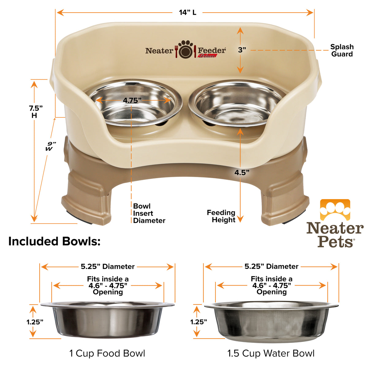 A chart showing the dimensions of the Neater Feeder Deluxe cat with leg extensions as well as the stainless steel bowls against a white background.