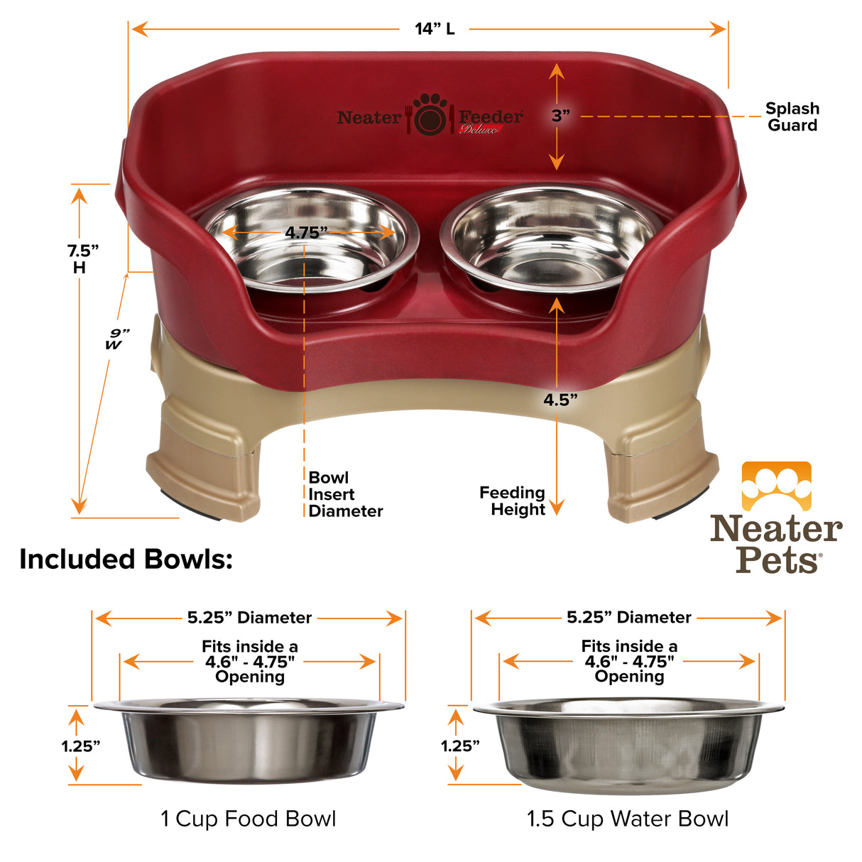 A chart showing the dimensions of the Neater Feeder Deluxe cat with leg extensions as well as the stainless steel bowls against a white background.