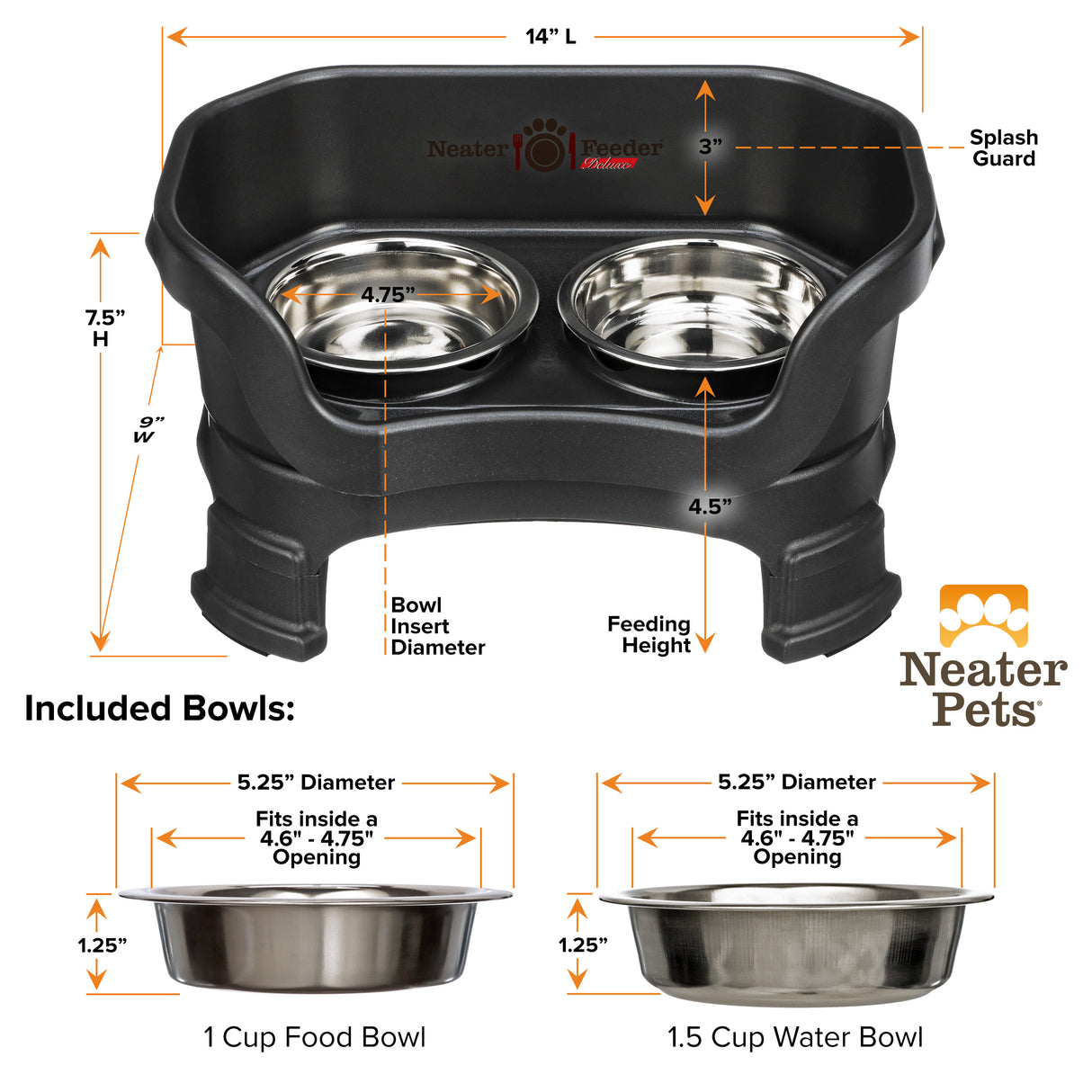 Bowl capacity and dimensions for cat Deluxe Neater Feeder with leg extensions against a white background.