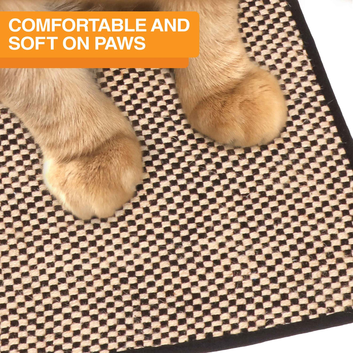 Cat paws on the Jute mat with the text: Comfortable and soft on paws.