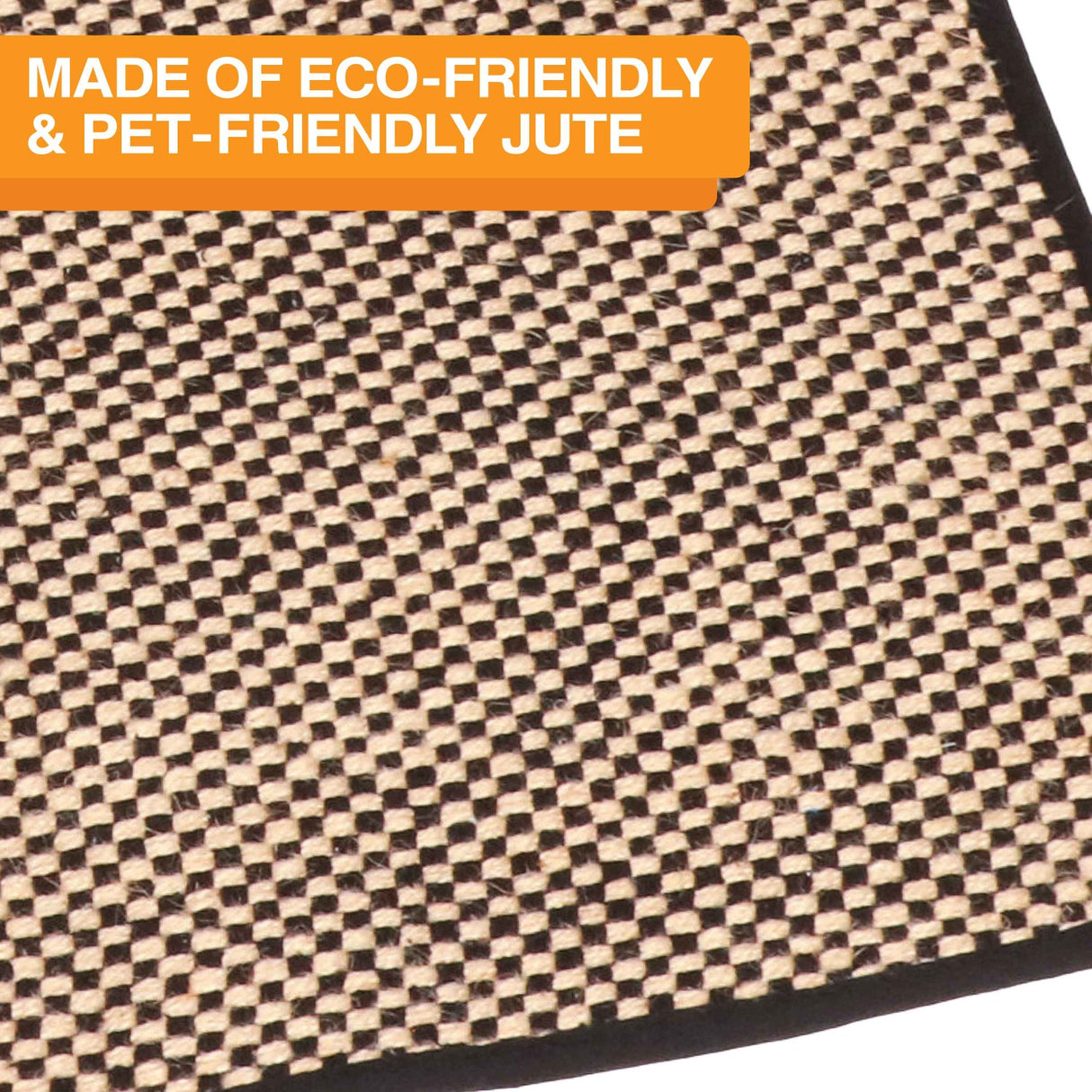 A close up of the Jute mat with the text: Made of eco-friendly & pet-friendly jute.