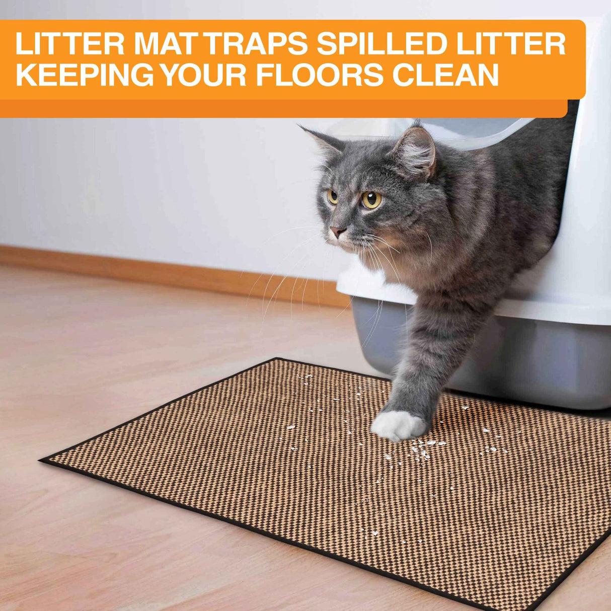 A cat coming out of a litter box stepping on the Jute mat. Text on screen reads: Litter mat traps spilled litter keeping your floors clean.