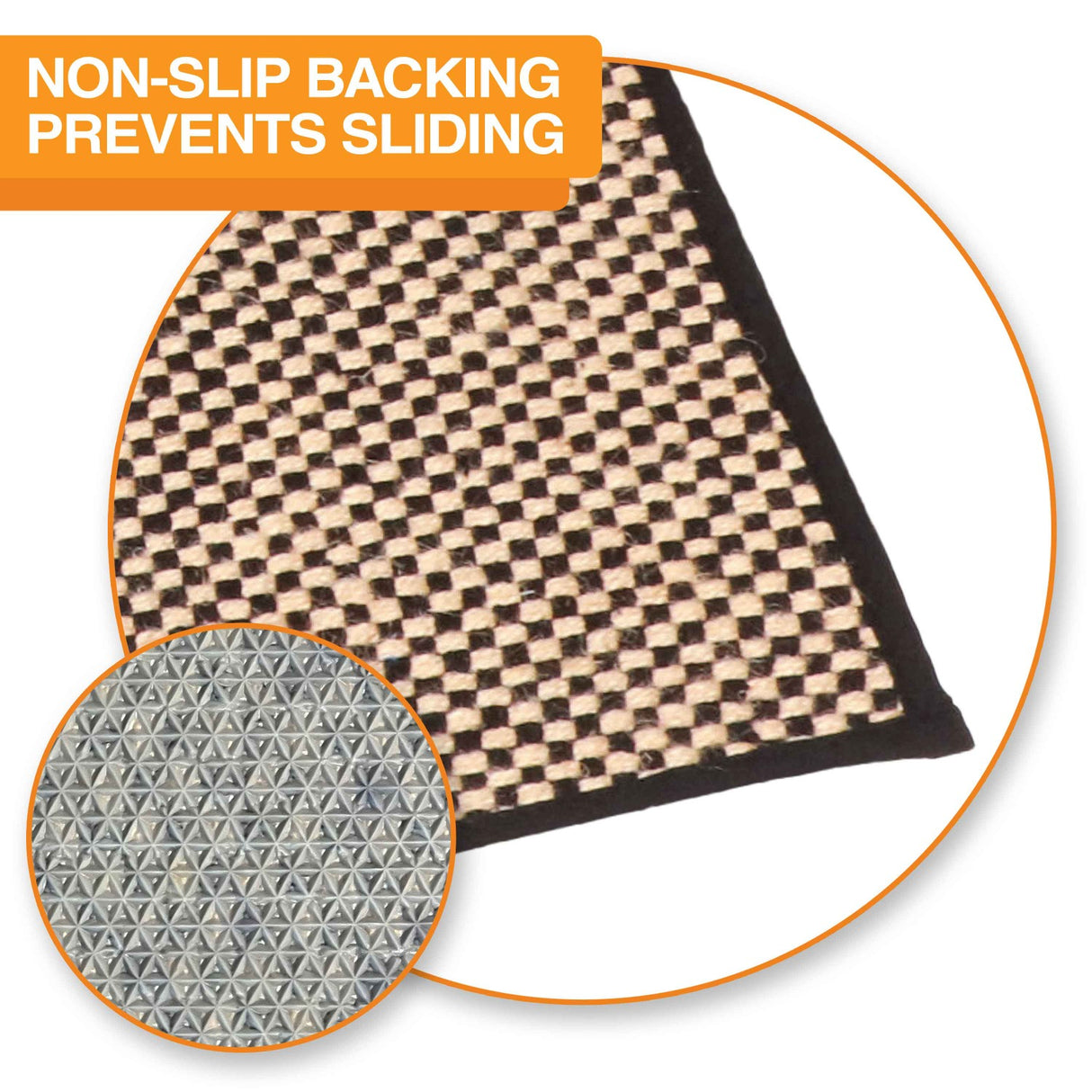 Close-up of the Jute mat with the text: Non-slip backing prevents sliding.