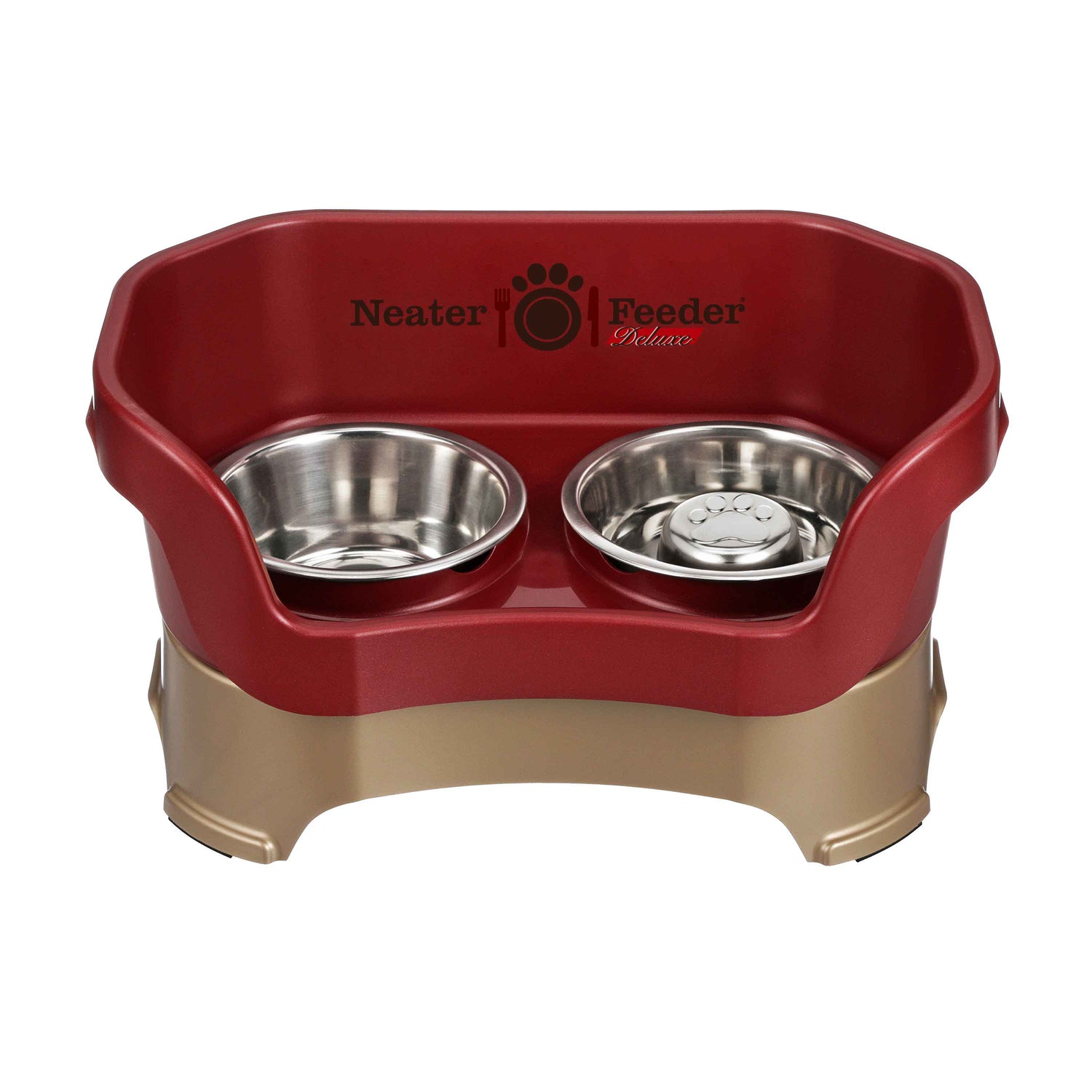 Cranberry medium DELUXE Neater Feeder with Stainless Steel Slow Feed Bowl and stainless steel water bowl against a white background.