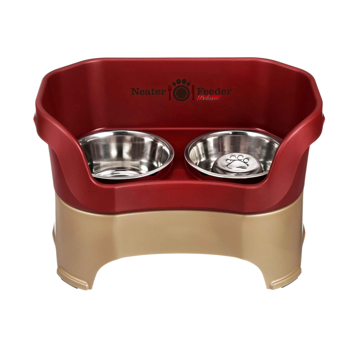 Cranberry large DELUXE Neater Feeder with Stainless Steel Slow Feed Bowl and stainless steel water bowl against a white background.