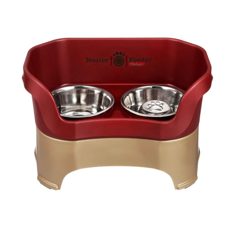 Cranberry large DELUXE Neater Feeder with Stainless Steel Slow Feed Bowl and stainless steel water bowl against a white background.