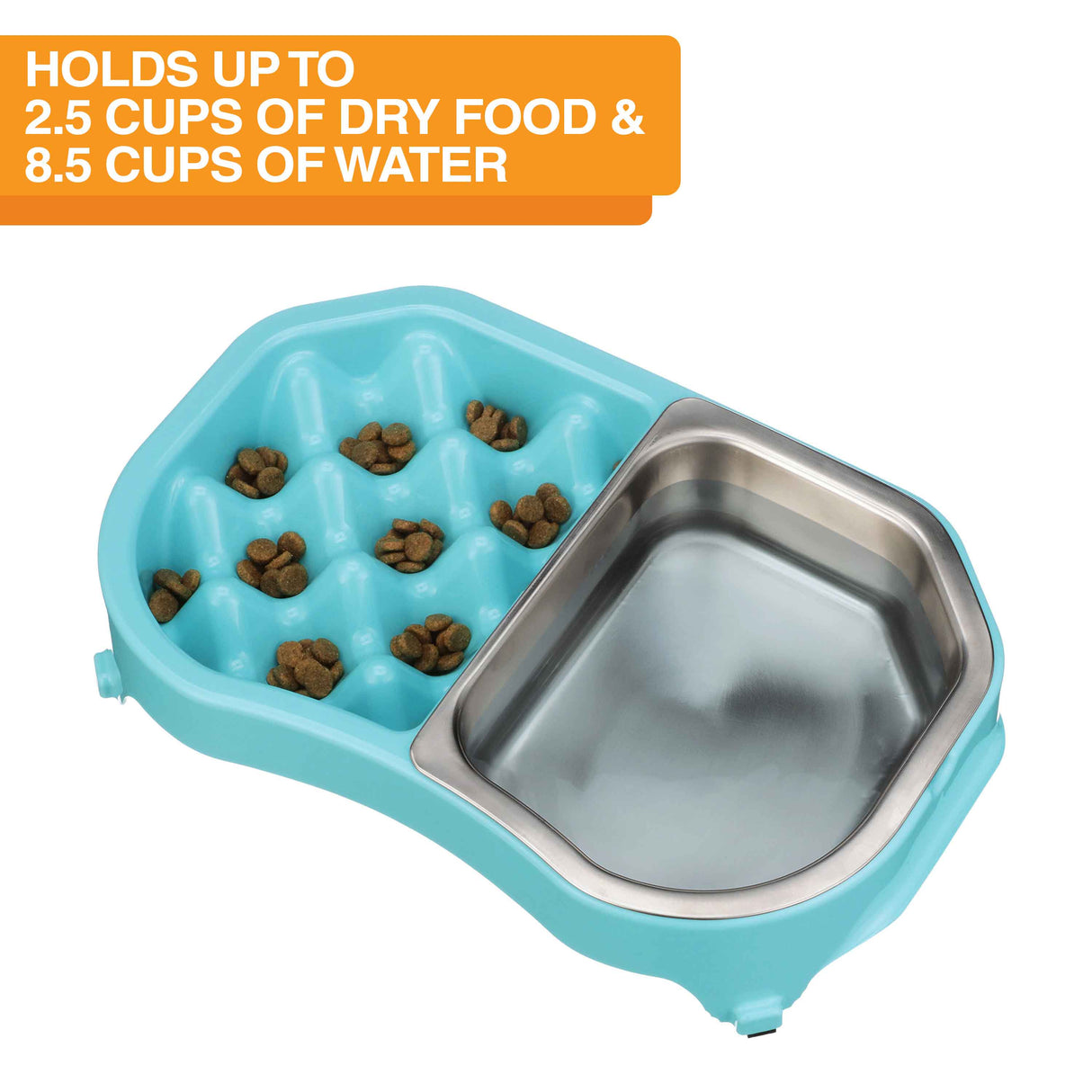 Neater Slow Feeder Double Diner with stainless steel insert with food and water inside the feeder against a white background. Text on the screen explains the food and water capacity.