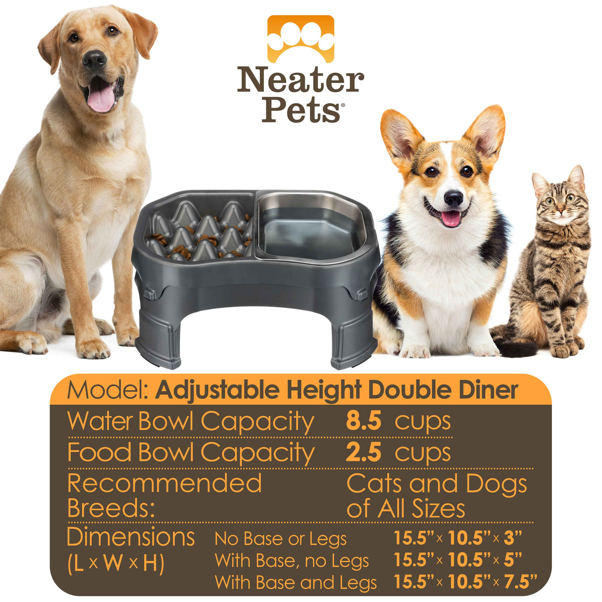 Chart displaying the water and food capacity for the Raised Double Diner with stainless steel insert and the dimensions with a large dog, a medium-sized dog, and a cat next to it.
