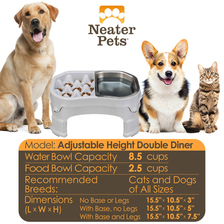 Chart displaying the water and food capacity and the dimensions with a large dog, a medium-sized dog, and a cat next to it