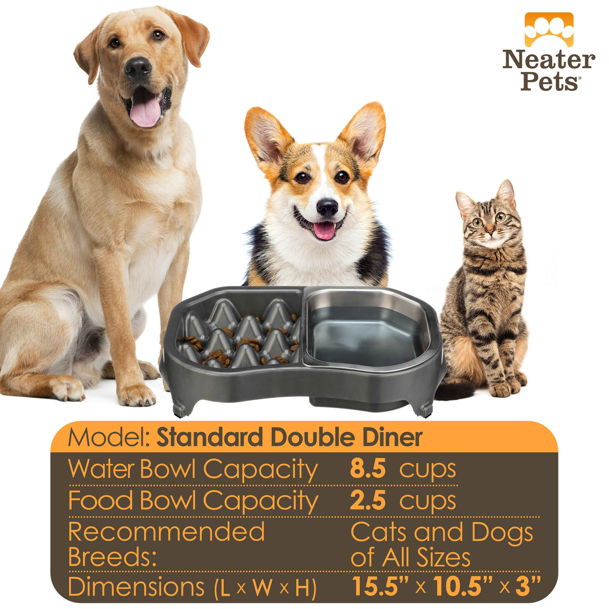 Chart displaying the water and food capacity and the dimensions with a large dog, a medium-sized dog, and a cat next to it