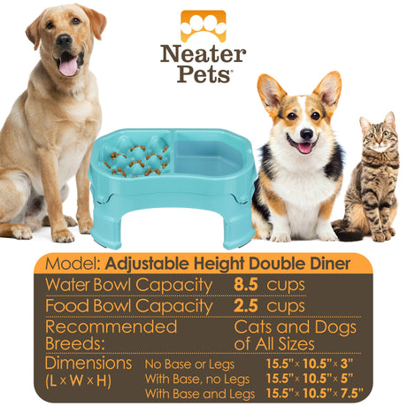Chart displaying the water and food capacity for the Raised Double Diner and the dimensions with a large dog, a medium-sized dog, and a cat next to it.