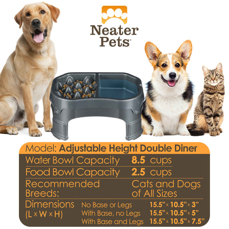 Chart displaying the water and food capacity for the Raised Double Diner and the dimensions with a large dog, a medium-sized dog, and a cat next to it.